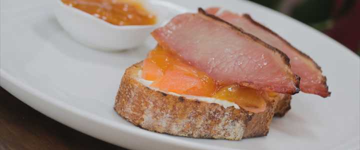 Smoked Salmon, Honey-cured Bacon and Mango Chutney Tartine